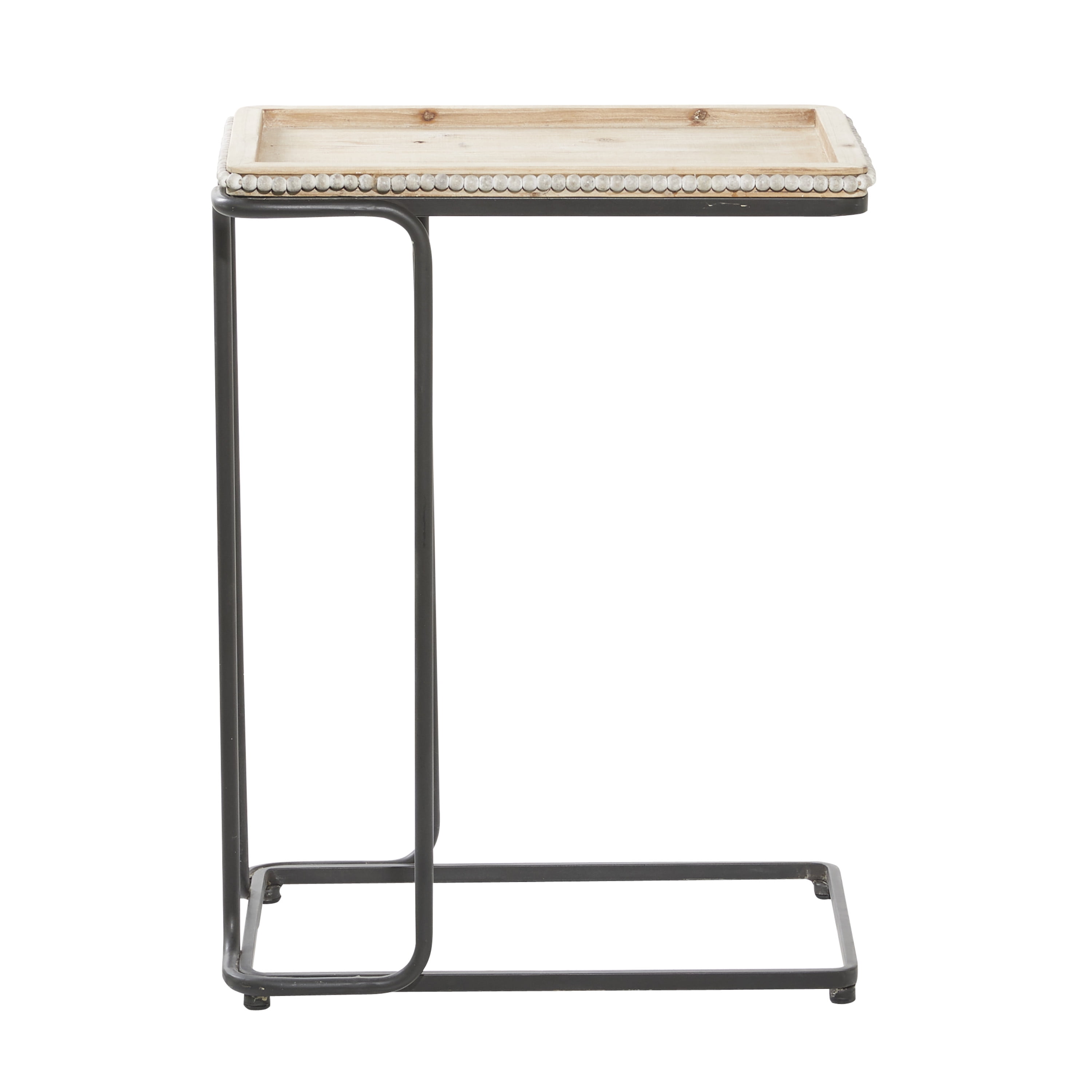DecMode Iron Industrial C Shaped Side Table with Bead Accents 20"W x 26"H, Cream/White Wooden Finish and Black Metallic Frame