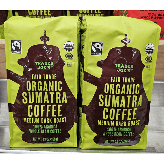 Trader Joe’s Organic Sumatra Medium Dark Roast Whole Bean Coffee 13oz 369g (2 Bags)