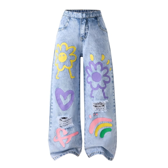 YunPes Girls Graffiti Print Denim Rombers Cute Heart & Flower Print Jean Bib Overalls with Adjustable Straps Kids Loose Fit Casual Pants