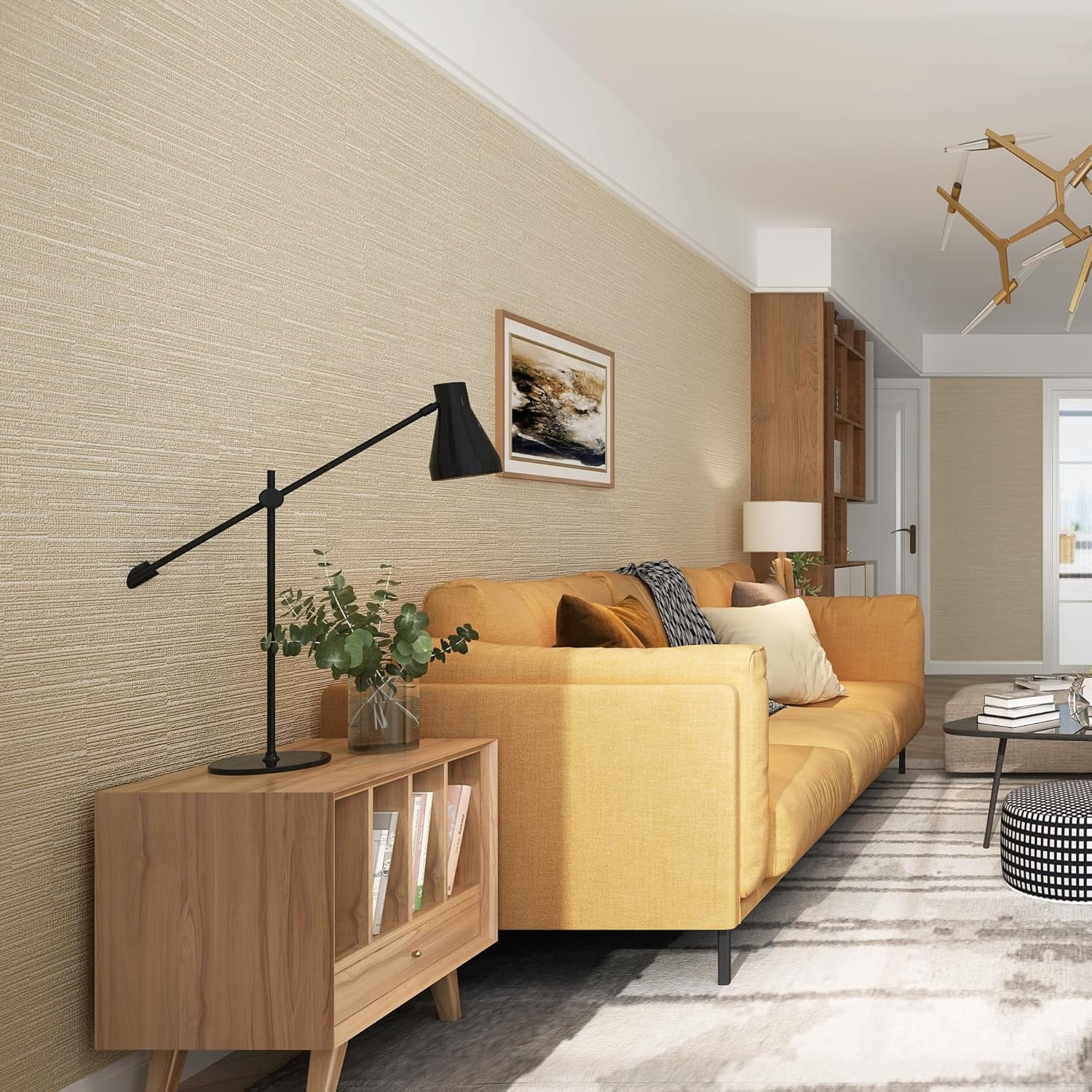 Grasscloth Wallpaper Peel and Stick 20.9in X 393in Fabric Contact Paper Wall Paper Textured Wallpaper Vertical Stripes Look Self-Adhesive Thick Vinyl Embossed (Light Yellow)