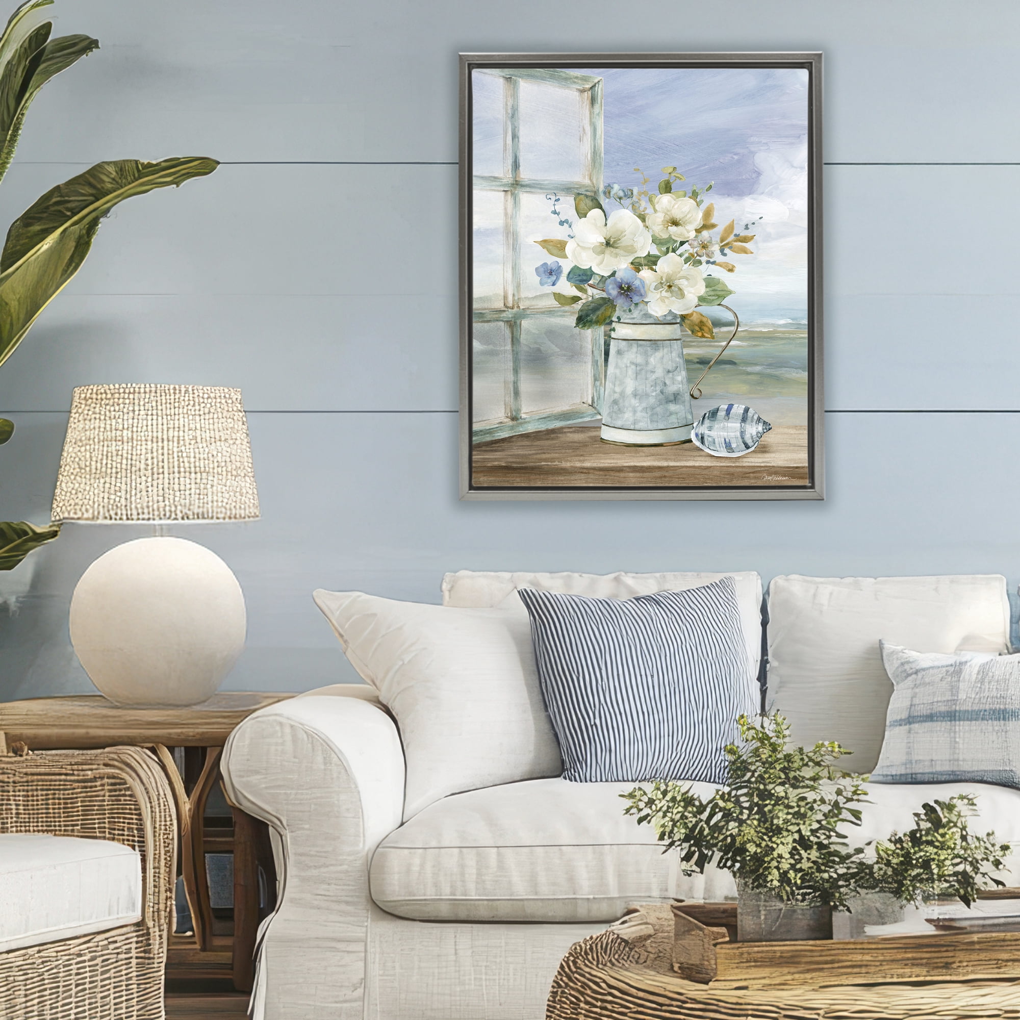 Stupell Industries Seaside Floral Bouquet Window Gray Framed Floater Canvas Wall Art, design by Carol Robinson