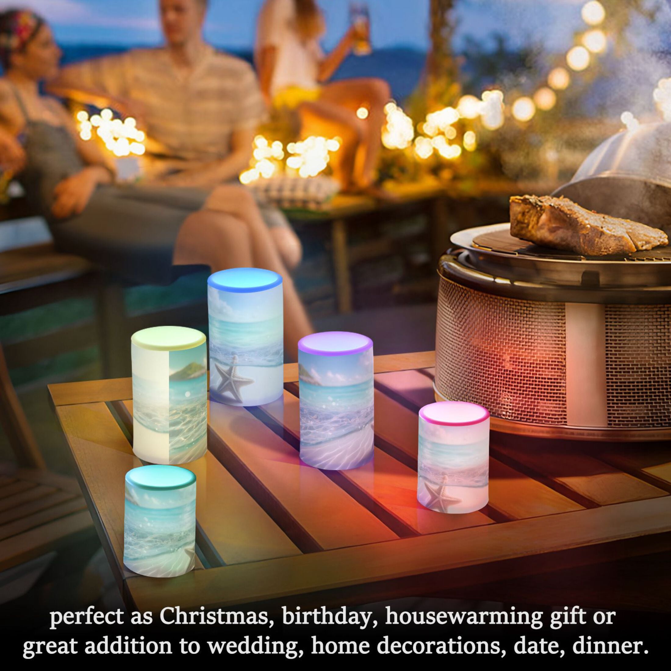 Starfish on Sand Beach Flickering Flameless LED Candles set of 2 Battery Operated 18-Key Remotes Timer Halloween Fall Decor D3''xH4''5''