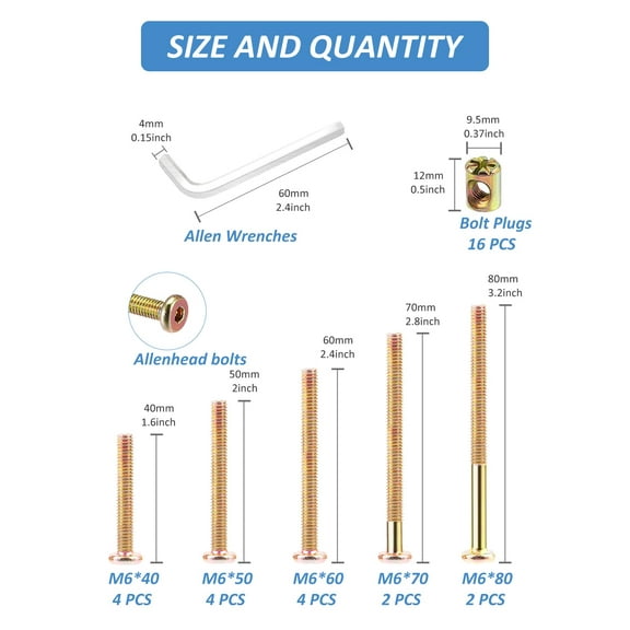 GHRTGR-Crib Screws Hardware Replacement Kit - 16 Set Baby Bed Frame Bolts &Barrel Nuts Set, M6x40mm/ 50mm/ 60mm/ 70mm/ 80mm Hex Drive Socket Cap Screws Barrel Nuts
