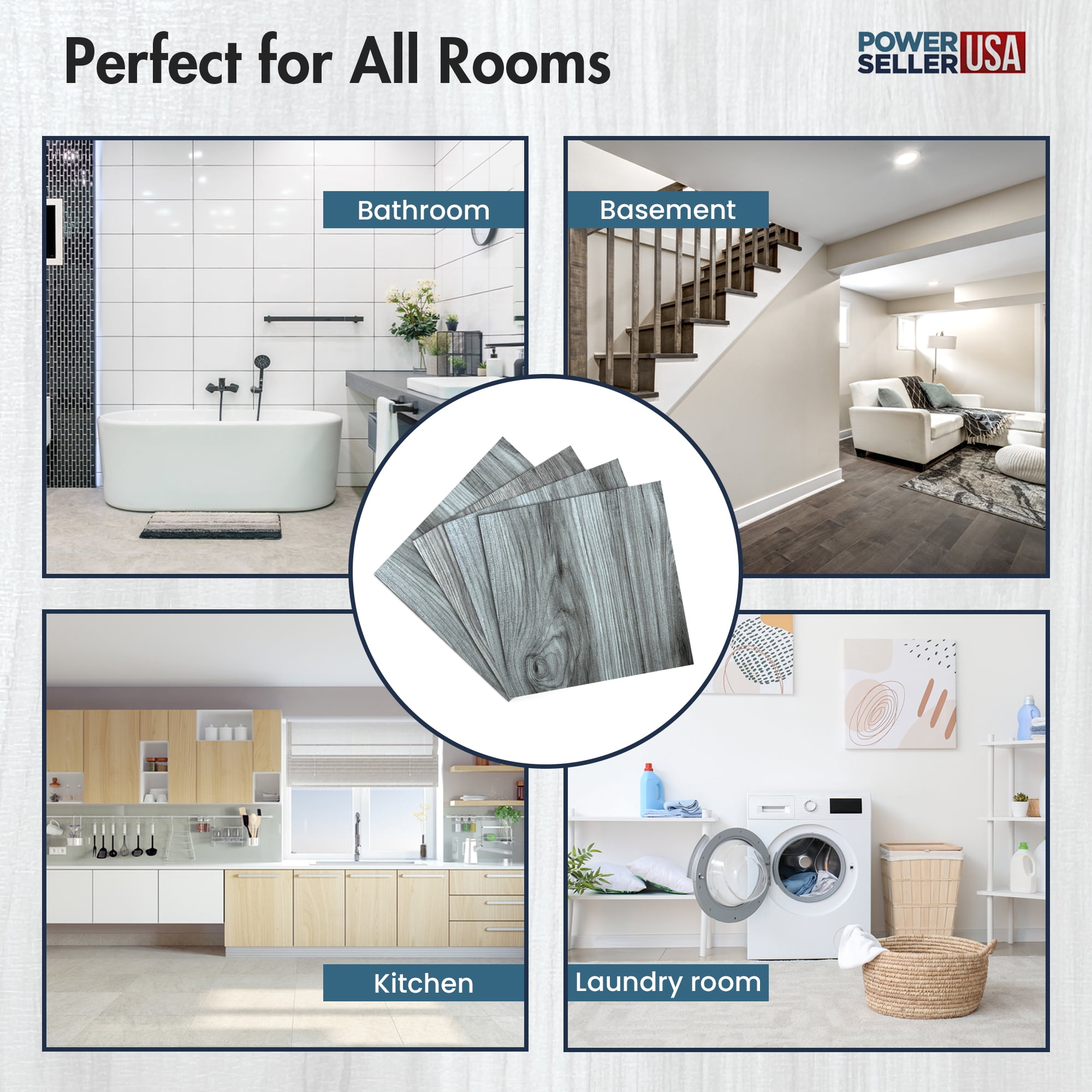 PowerSellerUSA Vinyl Self Adhesive Floor Tiles, 20 Pcs 12 x 12 inches Contemporary Peel and Stick Floor Tile Stickers, Square Flooring Tiles for Kitchen, Bedroom, and Bathroom, Light Silver Oak