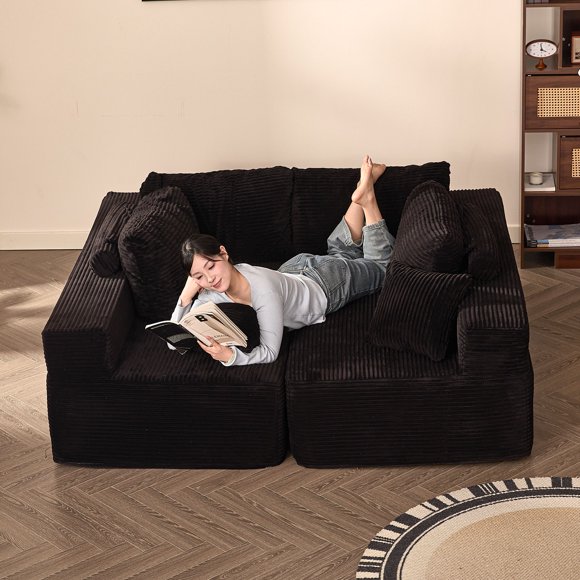 BIGSYY Chaise Longue Sans Accoudoirs Convertible pour Adultes, Chaise de Lecture, Velours Côtelé, Noir (2 Colis)
