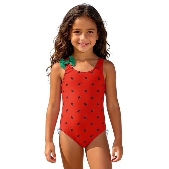 Girls One Piece Watermelon Print Swimsuit with Cute Bow Ruffle , Adorable Bathing Suit, Kids Summer Swimwear for Beach Pool Wear(Red,5-6 Years)