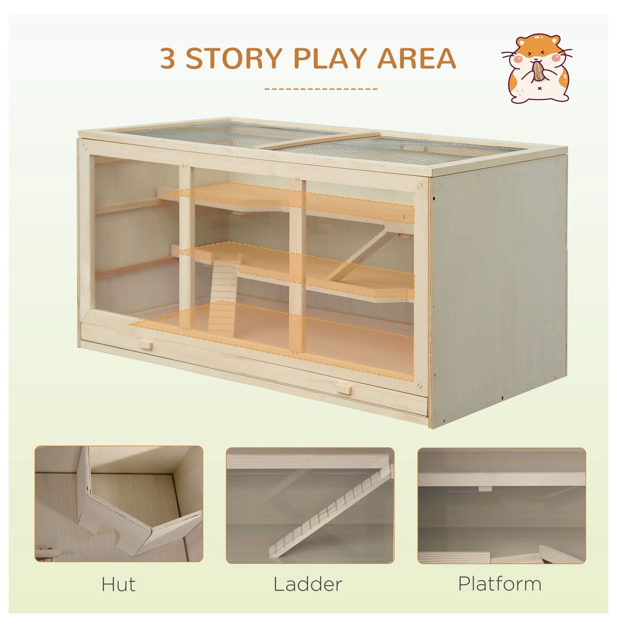 Hamster Cage 3 Tiers Wooden Big Mice Rat Exercise Play House Pen Opening Roof Ramps