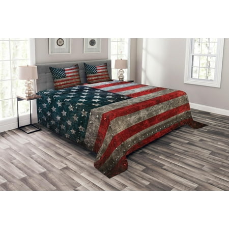 American Flag Bedspread Set, Royalty Flag Textured US Backdrop on Damaged Board Plate Design Artwork Print, Decorative Quilted Coverlet Set with Pillow Shams Included, Red Grey, by (Best Prices On Bedspreads)