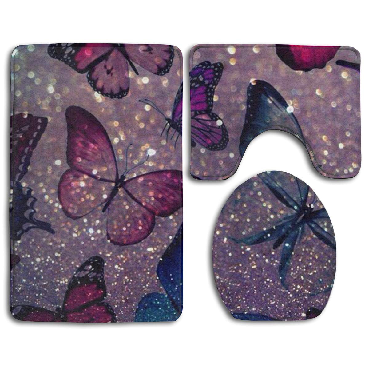 GOHAO Sparkly Butterflies 3 Piece Bathroom Rugs Set Bath Rug Contour