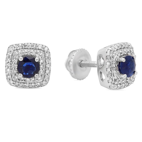 0.95 Carat (ctw) 18K White Gold Round Cut Blue Sapphire & White Diamond Ladies Halo Style Stud Earrings 1 CT