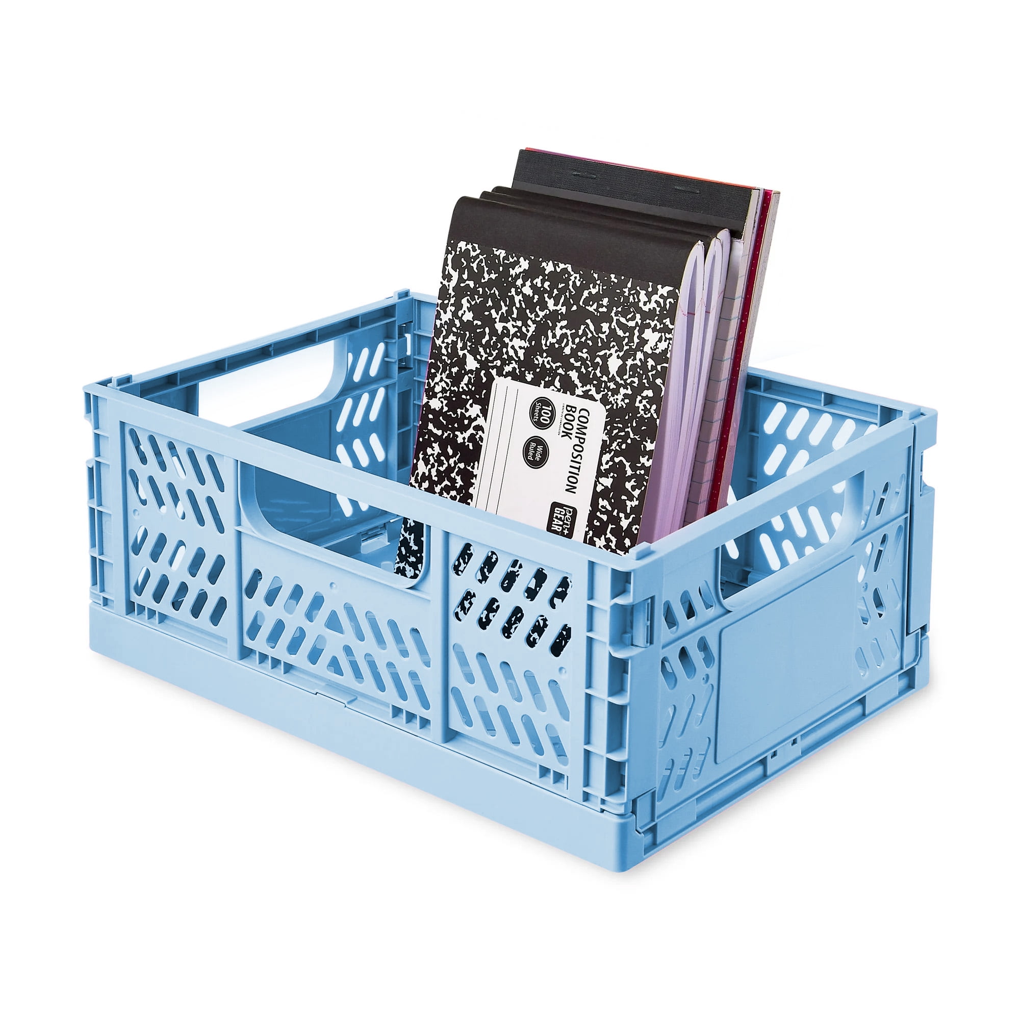 Pen+Gear Small Plastic Collapsible Crate, Blue, 11.41 in x 8.26 in x 4.72 in
