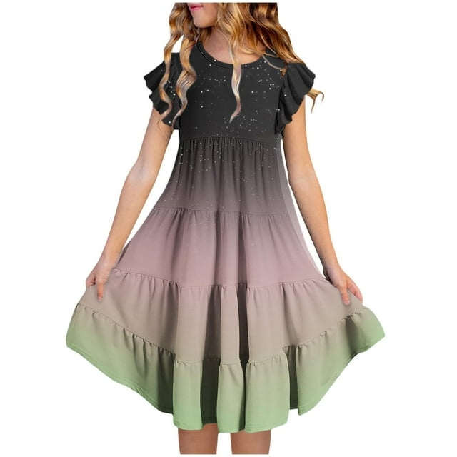 Cinvoph Robes d'Été pour Filles Préadolescentes, Robes à Volants Superposés à Manches en Dentelle, Robe Midi Tendance pour Enfants, Taille 6-15 Ans