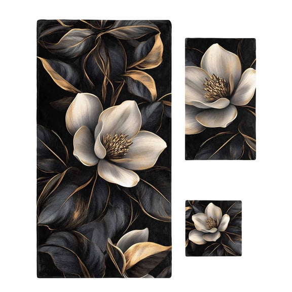 Black Gold Flower Towel Set of 3, Soft Microfiber Bath Towels, Hand Towel, Washcloths, Gradient Luxurious Floral Botanical Quick-Dry Absorbent Towels for Bathroom Kitchen Hotel Beach Gym Spa