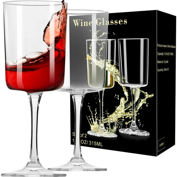 PARACITY Square Wine Glasses Set of 2, Red Wine Glasses, Crystal Clear Glass, Wine Glasses for Red and White Wine, Christmas Gifts, 10.6oz White Wine Glasses for Women, Men, Wedding and Birthday