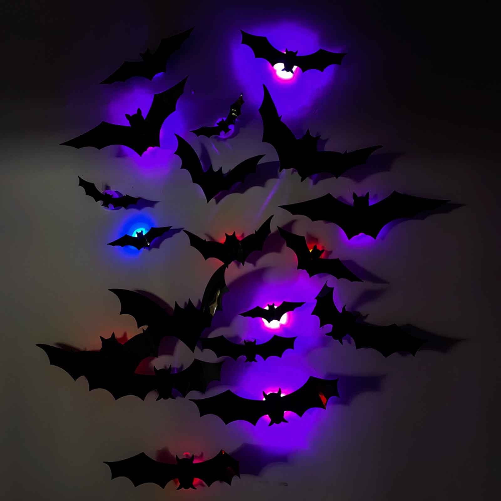 Pompotops Halloween Decorations Three-dimensional Halloween LED Night Light Bats Holiday Party Window Display Garage Decoration PVC Flash Wall Stickers 12/24/48/60pcs