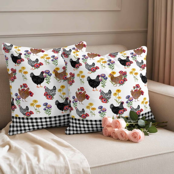 Outdoor Pillow Cover 18x18inch Set of 2, Farm Chicken Flower Waterproof Decorative Throw Pillow Cover for Couch Sofa, White Black Plaid Pillowcase Cushion Cases for Patio Garden Bed Car