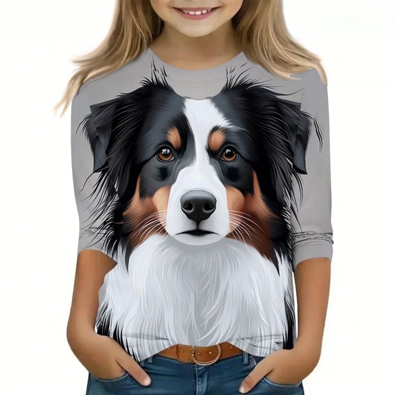 GA WEIHUA Girls 3D Dog Digital Print T Shirts Funny Realistic Graphic Tops Casual 3/4Length Sleeve T-Shirt Loose Fit Crewneck Cute Blouse Comfy Fashion Clothes(Multicolor,5 Years)