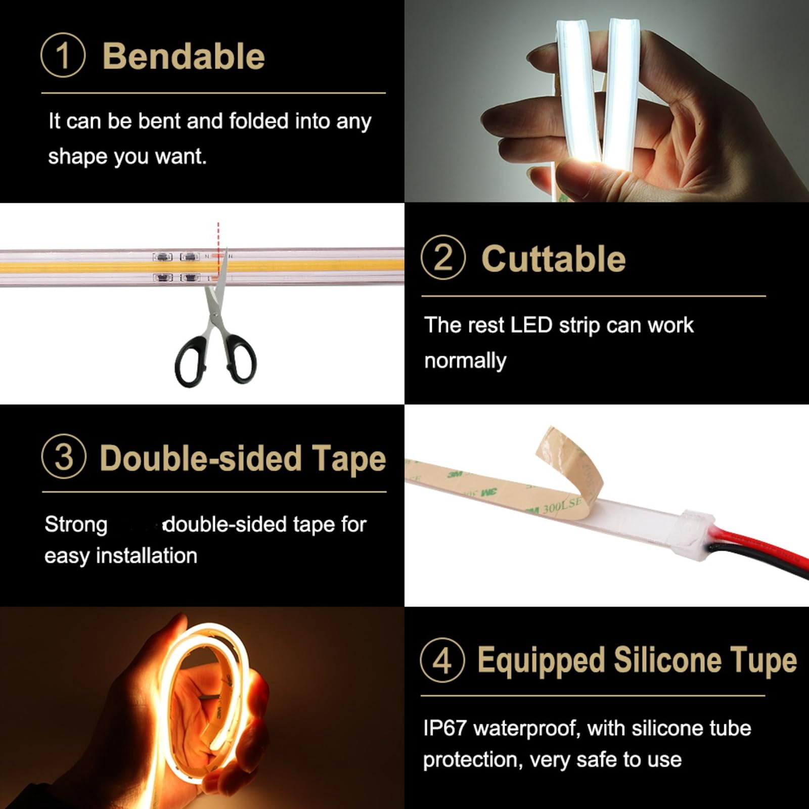 10m (32.8ft) AC 110V-120V COB LED Strip Light, High Density 480 LEDs/m, Super Bright 1500LM/m IP67 Waterproof, Dimmable Flexible LED Tape Light for Indoor Outdoor Use, 3000K Warm White