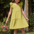 thumbnail image 2 of Jinhomg Girls Ruffle Sleeve Dress Flowy Swing Pleated Midi Dresses Casual Comfy Solid V-Neck Tiered Sundress Trendy Vacation Beach Dresses Yellow 9 Years, 2 of 9