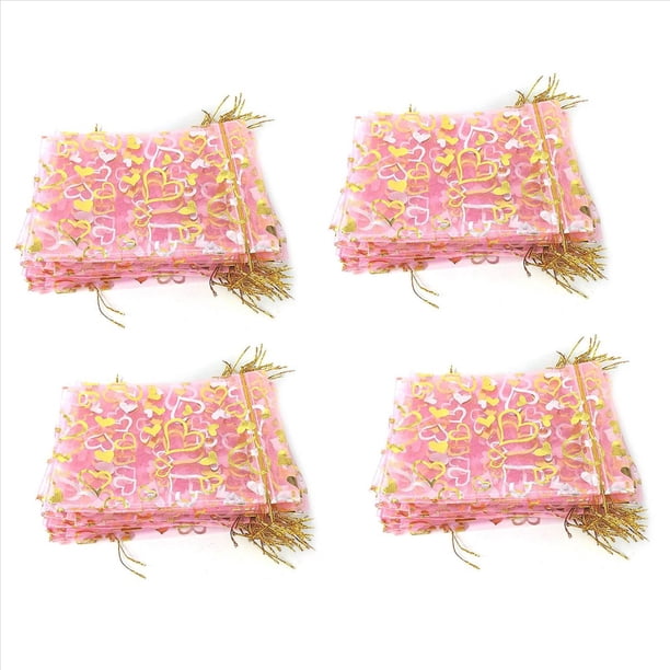 400 Piezas 9X12cm Corazón Impreso Bolsas de Organza Rosadas Bolsas de Joyería Bolsas de Organza con Cordón Favores de Boda Bolsas de Regalo de Dulces