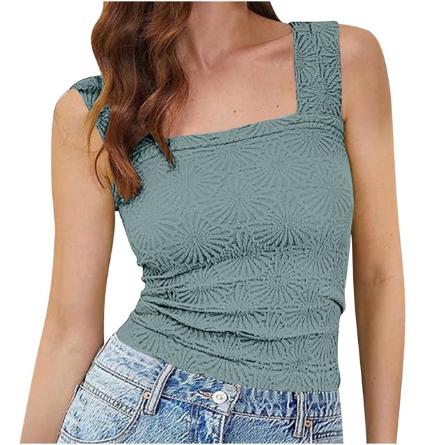 Timegard Womens Tank Top Square Neck Wide Strap Flower Going out Tops Slim Fitting Crop Cami Tee Summer