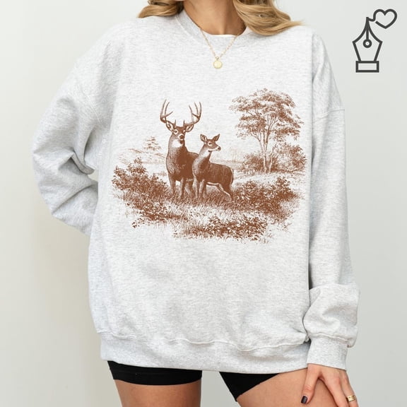 Vintage Deer Sweatshirt Unisex Adult, Wildlife Buck and Doe Graphic Crewneck, Outdoor Nature Casual Wear Size S-4XL Ash