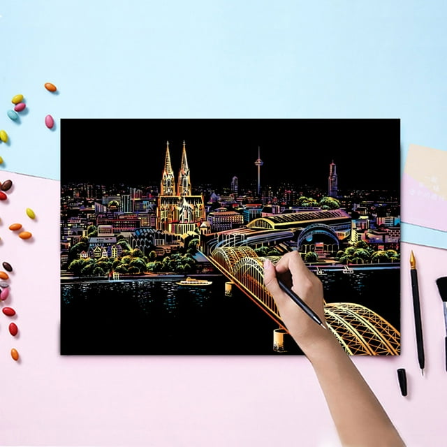 Kit d'Art à Gratter Nightscape DIY pour Adultes et Enfants Révélant des Designs Cachés Activité Éducative