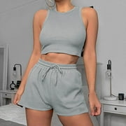 NDBULD 2 Piece Sets for Women 2025 Summer Matching Lounge Shorts Set Resort Airport Travel Loungewear Outfits Clothing Holiday Gift Finder Gray L