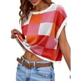 thumbnail image 5 of Womens Cap Sleeve Crop Tops Summer Color Block Going Out Crew Neck Knit Trendy Casual Sweater, 5 of 5