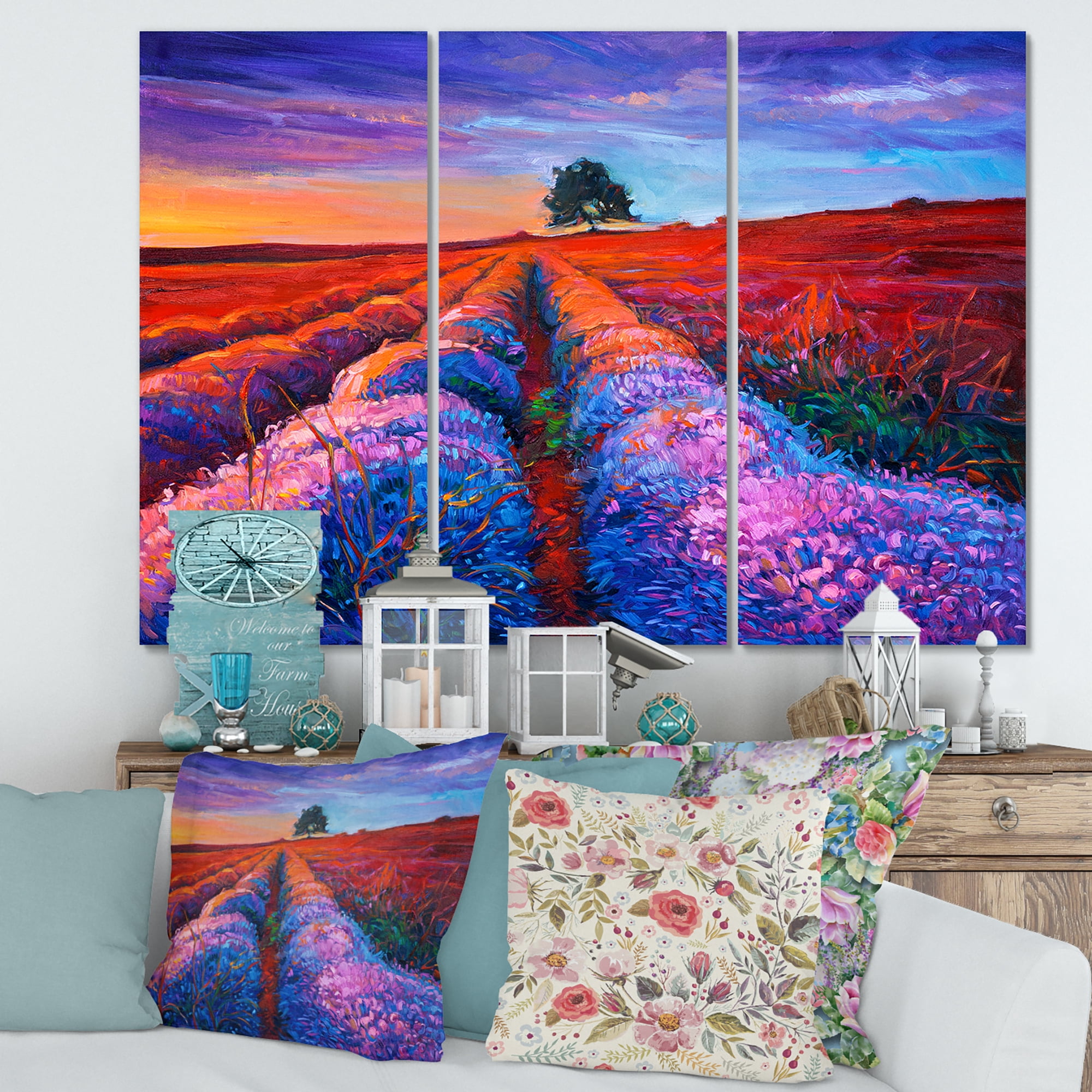 Designart ' Lavender Fields With Distant Tree & Sunset Glow ' Farmhouse Canvas Wall Art Print