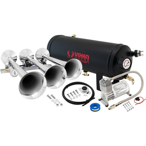 Vixen Horns Train Horn Kit for Trucks/Car/Semi. Complete Onboard System- 150psi Air Compressor, 1.5 Gallon Tank, 3 Trumpets. Super Loud dB. Fits Vehicles like Pickup/Jeep/RV/SUV 12v VXO8715/3118