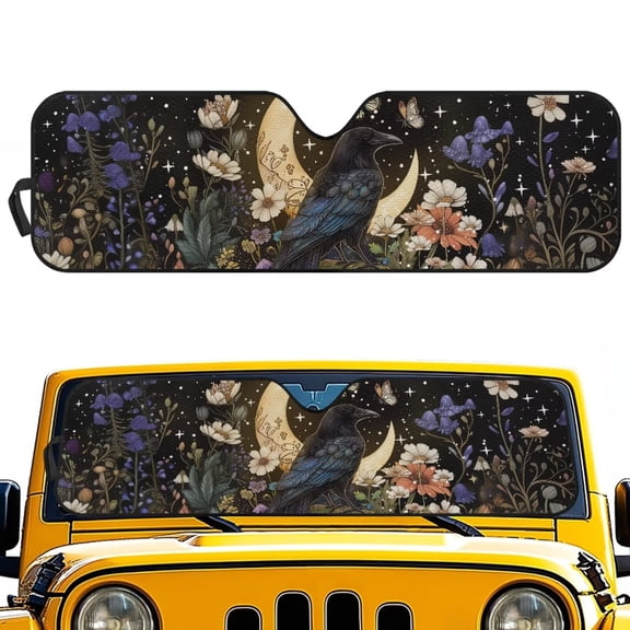 FUIALDOLG Crow Moon Flower Automotive Sunshade Comes with Storage Bag, Keep Car Interior Cool,Universal Windshield Sun Shade Fit for Cars, Off-road Vehicle, Trucks, SUV (52.95x16.14 inch)