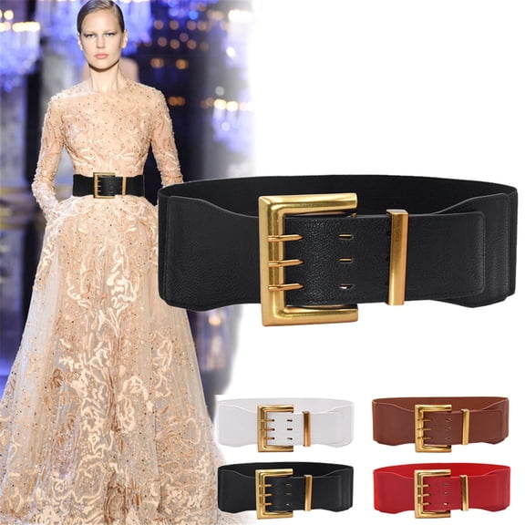IQOGKRN Women's Wide Elastic Waist Belt with Square Metal Pin Buckle Fashionable High-Waist Body Shaper Accessory Black One Size