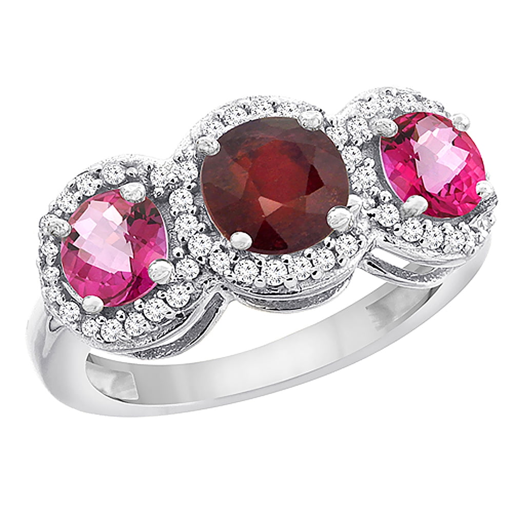 14K White Gold Enhanced Ruby & Pink Topaz Sides Round 3-stone Ring Diamond Accents, size 5.5 by Gabriella Gold