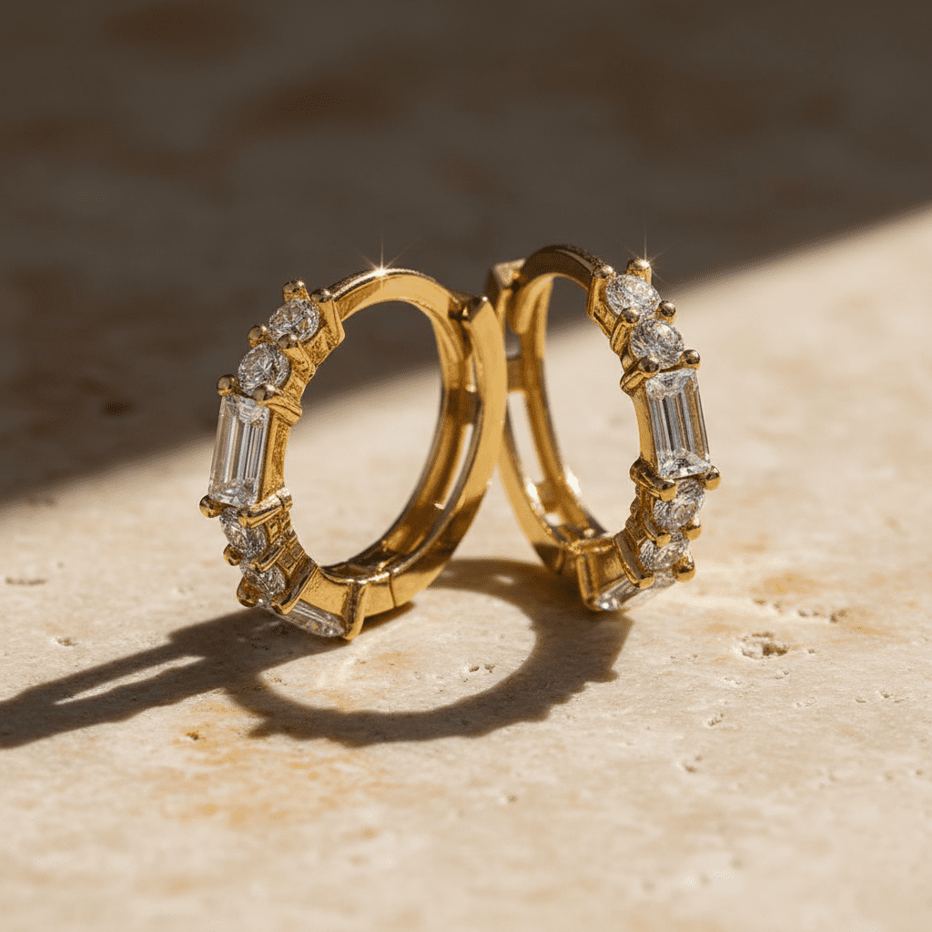 Vinali 14K Yellow Gold CZ Huggie Hoop Earrings, Round and Baguette Cut
