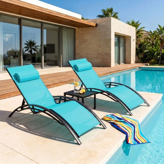 Pirecart Patio Pool Lounge Chairs, Outdoor Chaise Lounge Chair with 5 Positions Backrest Adjustable, Blue