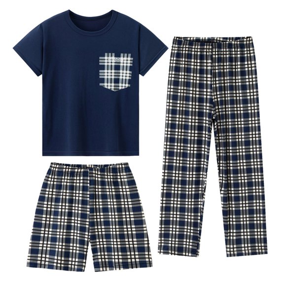 JFOPQVSM Boys Comfortable and Breathable Short Sleeved Home Clothes Fashionable Checkered Prints Homewear Three Piece Set