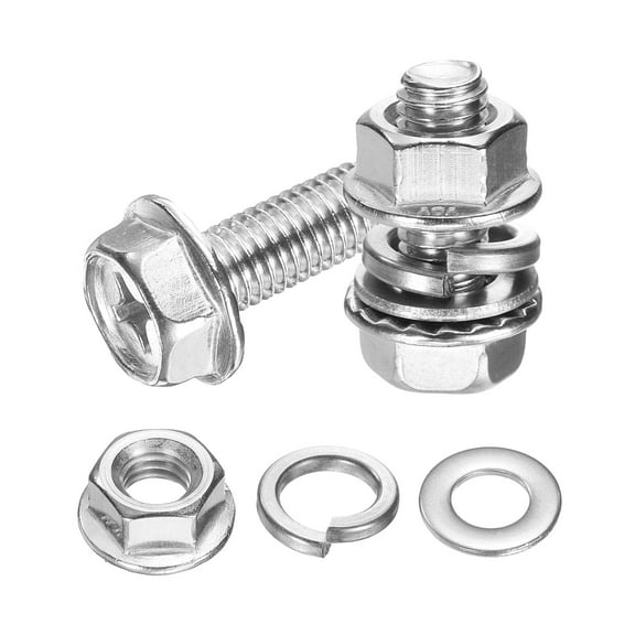 M8 x 20mm 10Pcs Flanged Hex Head Bolts with Nuts, Flat & Lock Washers, Silver