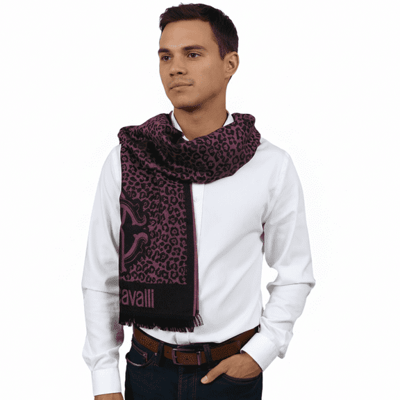 Roberto Cavalli ESZ056 03000 Purple Wool Blend Leopard Print Mens Scarf for mens