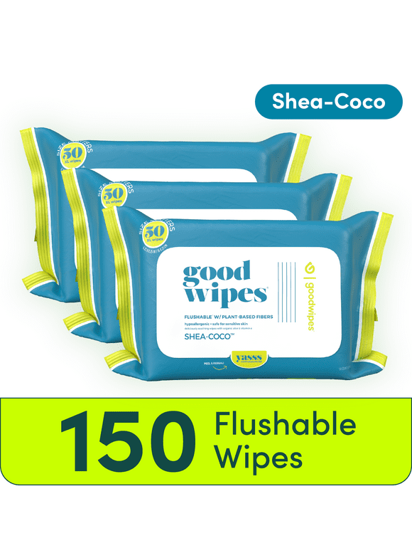 Goodwipes Flushable Butt Wipes, Plant Based, Shea-Coco Scented, 3 Pack (50 count), 150 Total XL Wipes