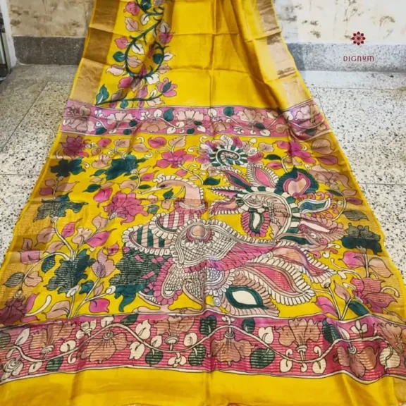 Bright Yellow Hand Painted Pen Kalamkari Saree