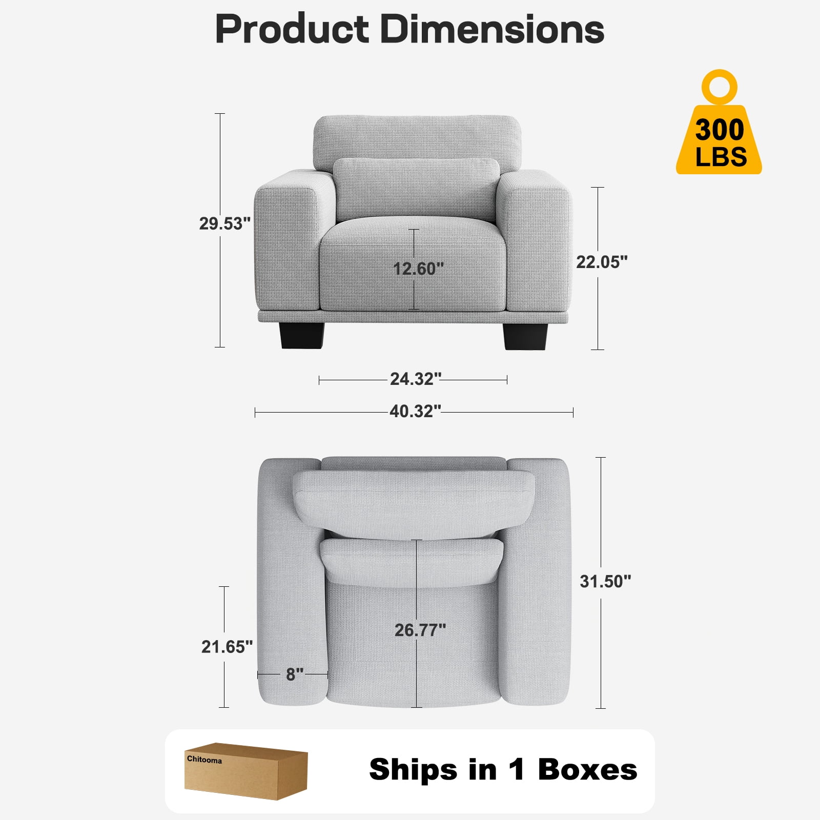 CHITOOMA 40" Oversized Accent Chair, Upholstered Armchair with Pillow and Removable Linen Cover, Deep Seat Sofa Chair with Wide Armrests for Living Room, Bedroom, or Office, Gray
