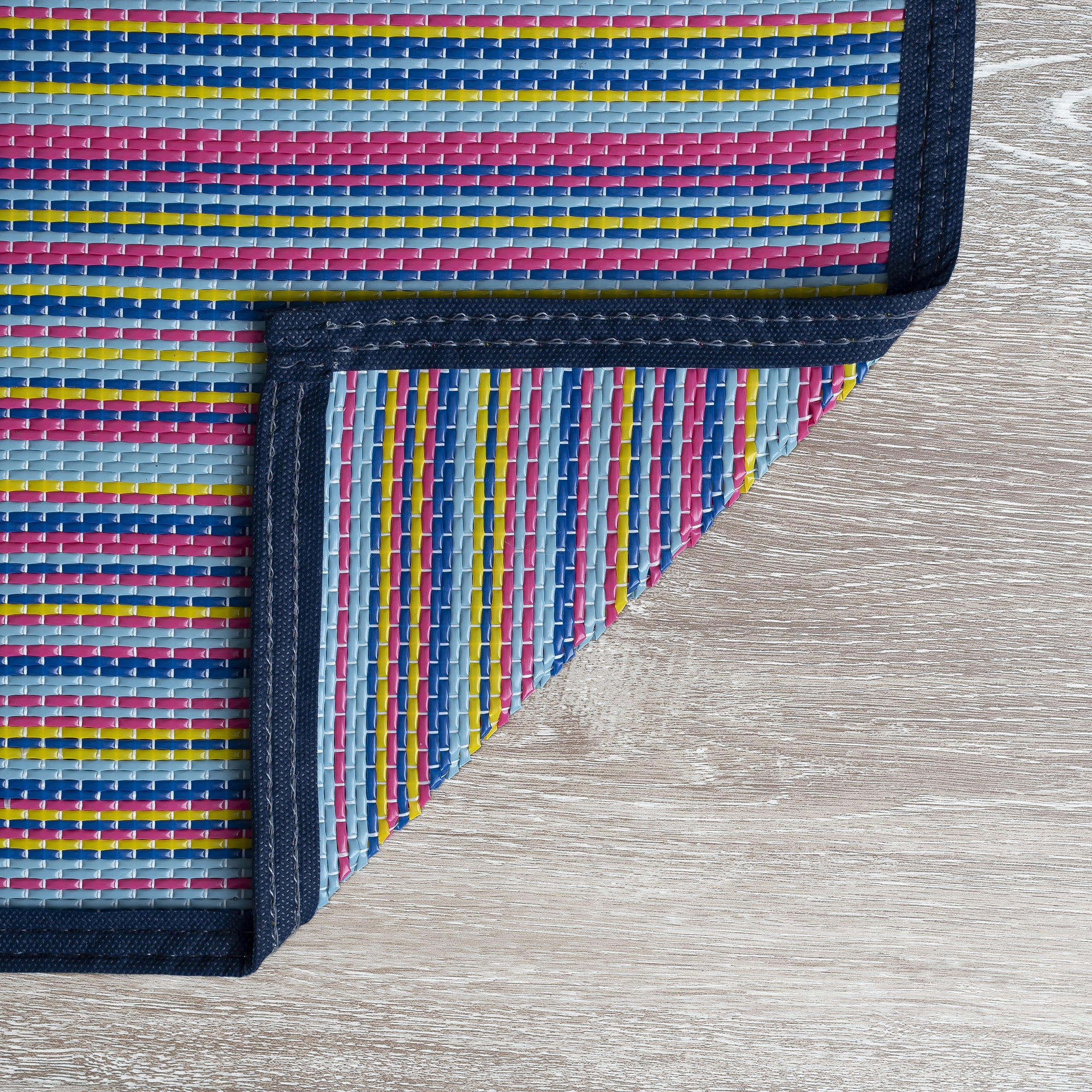 Luna Contemporary Stripe Multicolor Polypropylene Reversible Plastic Straw Outdoor Area Rug, 7'11'' x 10'3'' Rectangle
