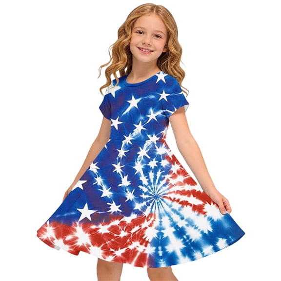 Girls' Patriotic Star Print A-Line Dress, Round Neck Short Sleeve 4th of July Casual Summer Dress for Kids Multicolor z 7 Years