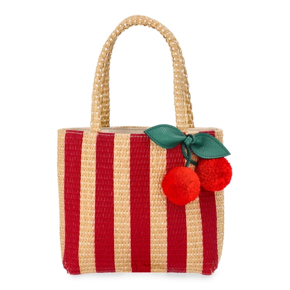 Wonder Nation Girls Straw Mini Tote Bag with Cherry Bag Charm, Red Stripes