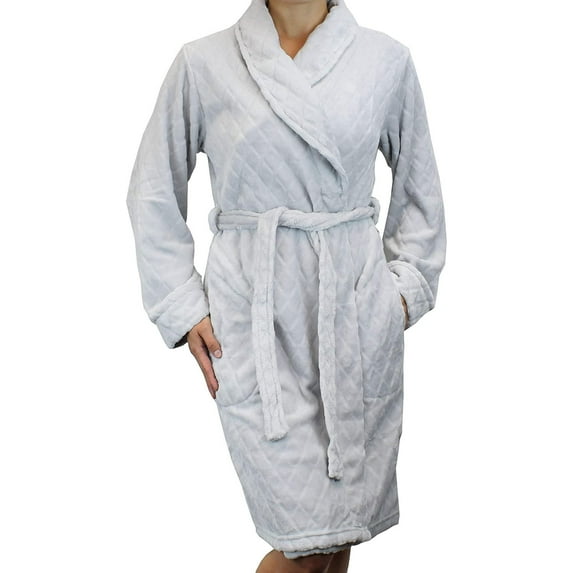 Women's Quilted Pattern Warm Fleece Robe - Plush Soft Short Bathrobe Style - Light Grey X-Large