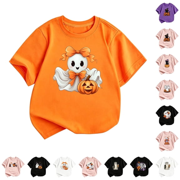 WhouRiu Girls Halloween Graphic Tees Kids Short Sleeve Crew Neck Tshirt Comfortable Cute Holiday Party T Shirts,4-5 Years