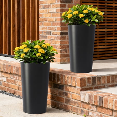 Noble House 2 Pack 21.7" Tall Round Planters, Modern Tapered Indoor Outdoor Flower Pots, Black
