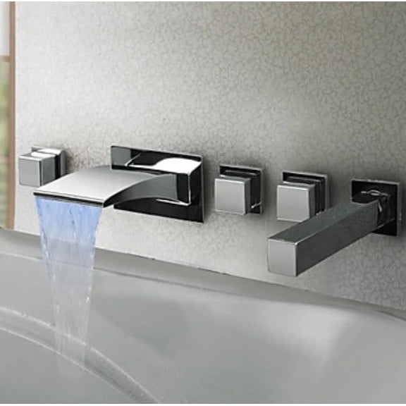 Juno Beautiful Square Handle LED Widespread Bathroom Bathtub Faucet with Hand Held Shower