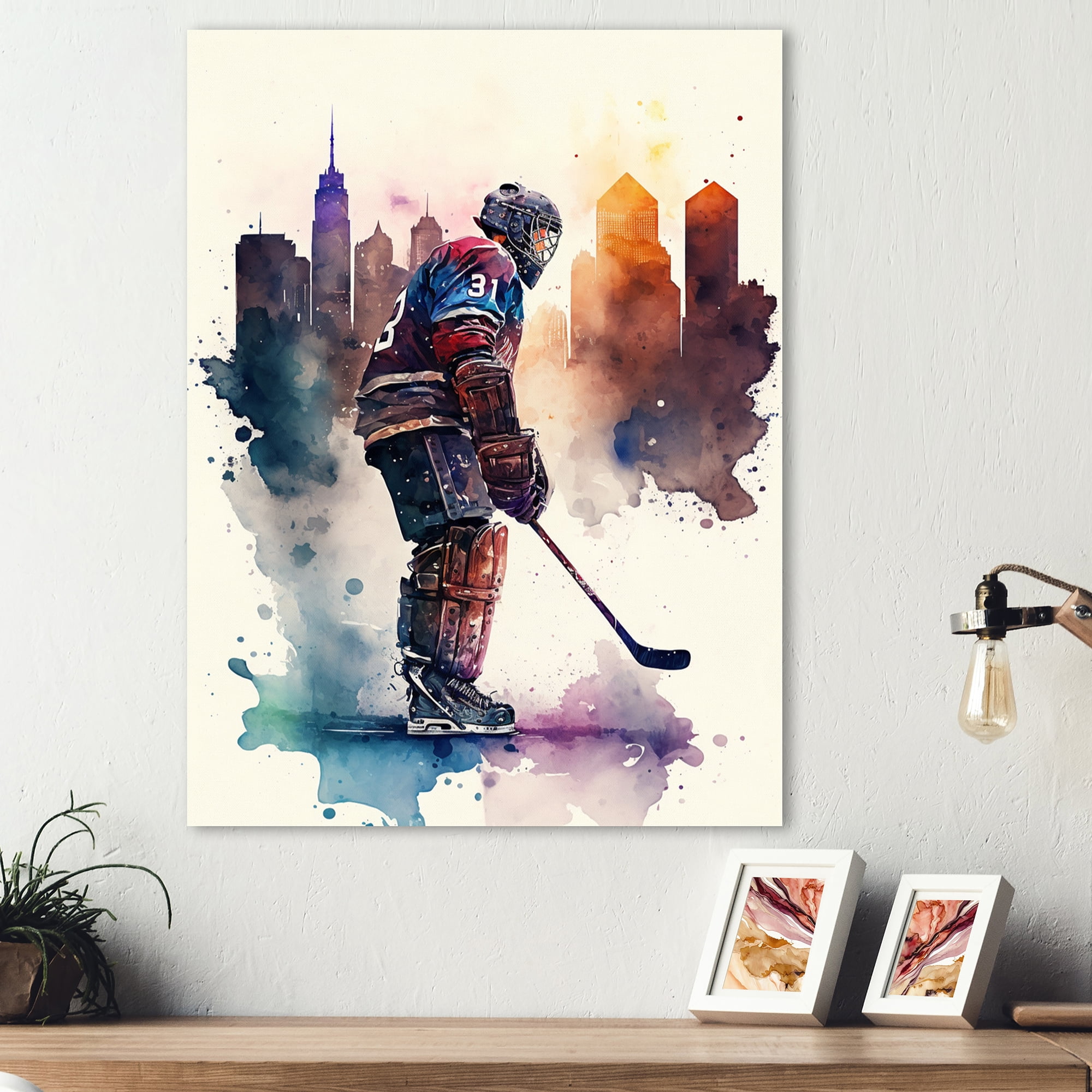 Designart Hockey Player In Front Of Cityscape I Canvas Wall Art